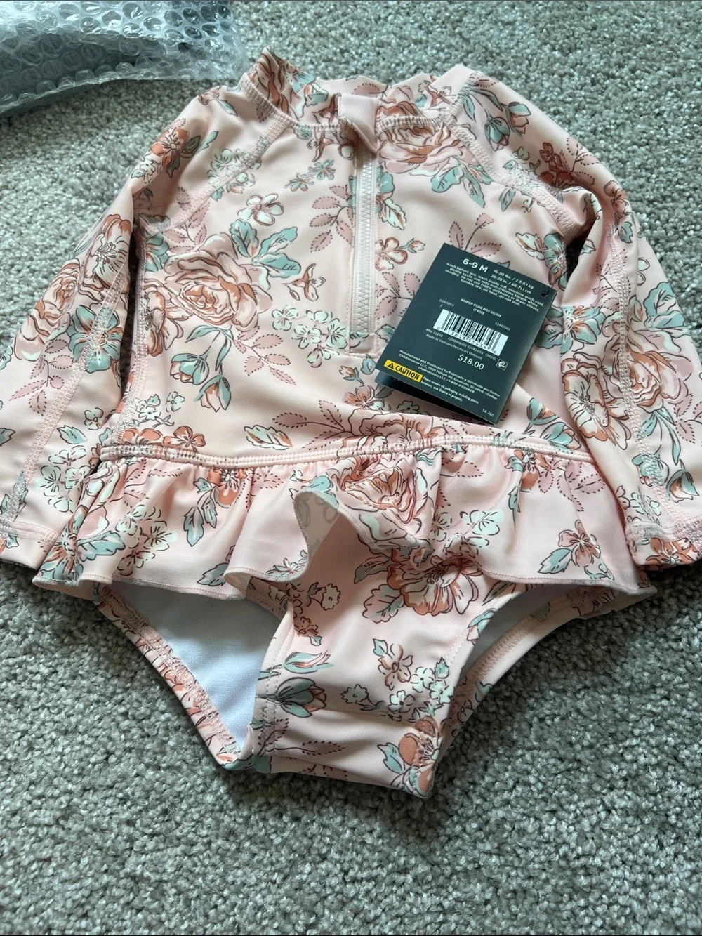 Modex Kids Peach Floral Long-Sleeve One-Piece Swimsuit with Ruffle